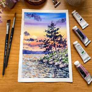Original Gouache painting Sunset Sparkles at the lake, Gouache art, Gouache landscape, forest lake painting, vintage wall art,