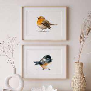 Set di 2 stampe di uccelli, arte murale di cinciallegra, stampa artistica di pettirosso, poster di uccelli, decorazione murale di uccelli, arte murale per la cameretta dei bambini, decorazioni per la cameretta dei bambini con animali,