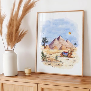 Acuarela de Egipto, impresión de Egipto, pintura de Egipto, ilustración de Egipto, cartel de viaje, pintura camellos, pintura de pirámides