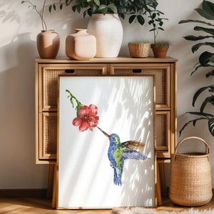 Decorazione murale colibrì, arte con uccelli per bambini, decorazione murale blu, stampa con illustrazione di uccelli con fiori rossi, acquerello