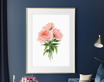 Blush Pink Peonies Print, Minimalist Wall Art, Big Flower Art, Modern Home, Peonies Watercolor Painting, Botanical Decor, Hamptons Wall Art