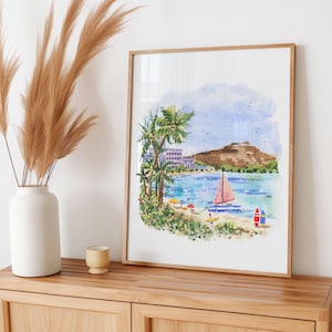 Hawajska sztuka ścienna, Hawajski wydruk akwarelowy, Hawajskie malarstwo, Hawajska ilustracja, Hawajski plakat, Dekoracja domu na plaży, Wydruk na plaży, Wystrój wybrzeża