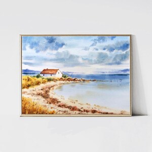 House by the sea Watercolor Minimalist landscape painting living room Wall art coastal Sea print modern Beach Decor Vintage Seascape image 6