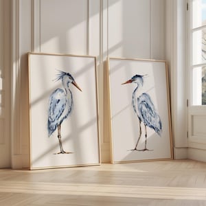 Arte de parede de garça-azul, conjunto de 2, impressão de garça em aquarela, arte de parede costeira minimalista, pintura de pássaros, decoração de casa de praia, pintura de garça,