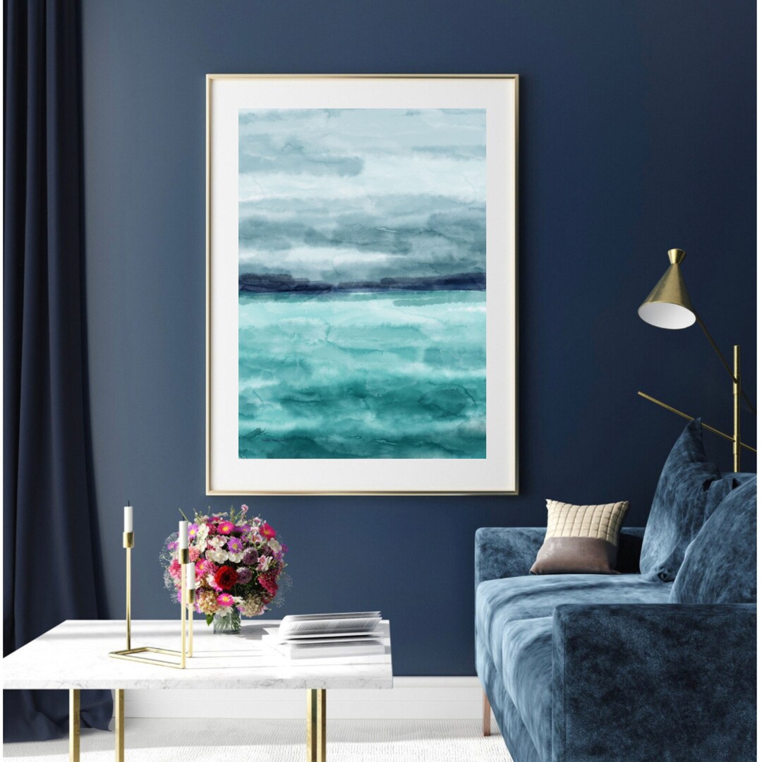 Abstract Ocean Wall Art Sea Watercolor Painting Sea Wall Etsy