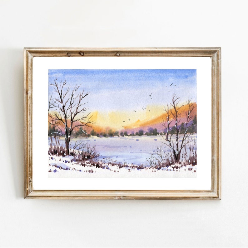 Winter Original Watercolor, Landscape Painting, Winter Art, Original Wall Art, Winter Original Painting, Home Decor, Wall Art, Snow art image 1