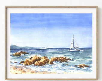 Seascape Wall Art, Beach Watercolor Painting, Sea Print, Nautical Decor, Calming Water painting, Vintage Seascape, Boat sailing Art, Coastal