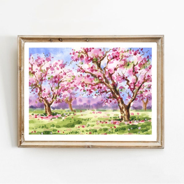 Amandiers en fleurs, impression de fleurs d'amandiers, peinture aquarelle d'arbres paysage, art mural cerisier affiche fleurs de cerisier art mural rose