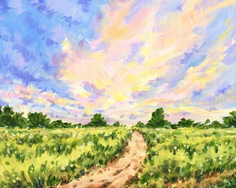 Rural path Original Acrylic Painting, Acrylic Landscape Painting, Original Art, Rural Wall Art, vintage Countryside, sunset flower field