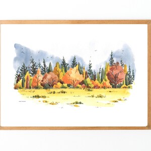 Fall Forest Wall Art, Watercolor landscape, Forest painting , Fall Decor, Rustic decor, Evergreen art, Autumn Illustration, Farm Decor image 7