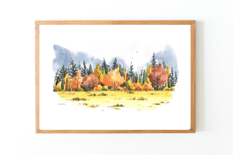 Fall Forest Wall Art, Watercolor landscape, Forest painting , Fall Decor, Rustic decor, Evergreen art, Autumn Illustration, Farm Decor image 7