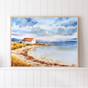 House by the sea Watercolor Minimalist landscape painting living room Wall art coastal Sea print modern Beach Decor Vintage Seascape image 2