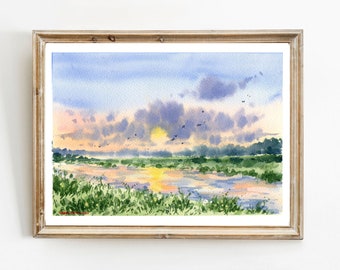 Sunset at the River Wall Art, river Watercolor Print, soft Landscape, Abstract Landscape painting, Rustic Landscape, Calming wall art,