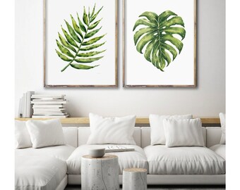 Tropical Leaves Wall Art, Set of 2 Botanical Prints, Minimalist Wall Decor, Watercolor Tropical Wall Art, Monstera Palm leaf, Coastal Decor