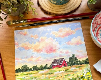 Pintura original de la antigua granja, pintura de paisaje acrílico, arte original, arte de la pared rural, pintura de la granja, campo, campo de flores al atardecer