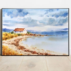 House by the sea Watercolor Minimalist landscape painting living room Wall art coastal Sea print modern Beach Decor Vintage Seascape image 4