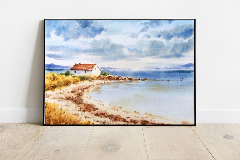 House by the sea Watercolor Minimalist landscape painting living room Wall art coastal Sea print modern Beach Decor Vintage Seascape image 4