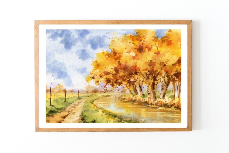 Country Autumn Watercolor Landscape Print, Fall Landscape Print, abstract Landscape painting, minimalist Wall art, Modern Rustic Home Decor image 7