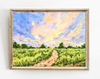 Ländlicher Weg Öl Acryl Landschaftsdruck, Frühlingsdruck, Sommerlandschaft, Blumenfeld Gemälde Vintage Rustikale Landschaft Wiese Bauernhof Dekor