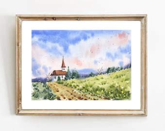 Little Church Original Watercolor, Landscape Painting, Original Art, Rustic Wall Art, Home Decor, Wall Art, Watercolor landscape,