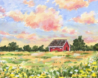 Old Farm Original Painting, Acrylic Landscape Painting, Original Art, Rural Wall Art, Farm Painting, Countryside, sunset flower field