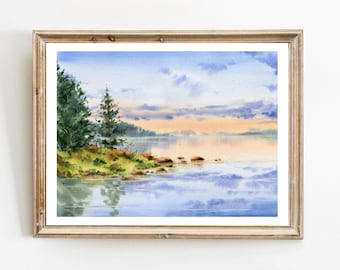 Mountain Forest Lake Art Print Sunrise Landscape Watercolor Painting Pine Trees Wall Art Nature Poster Farmhouse Finland Wall Decor