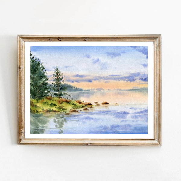 Mountain Forest Lake Art Print Sunrise Landscape Watercolor Painting Pine Trees Wall Art Nature Poster Farmhouse Finland Wall Decor