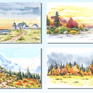 Juego de 4 postales de paisajes acuarela, tarjetas paisajes acuarela, pintura paisajes, tarjetas ilustradas, tarjetas vintage acuarela