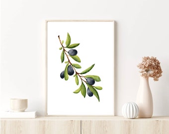 Olive branch watercolor Print, Botanical wall art, Kitchen decor, Olive branch painting, Minimalist Print, Green Wall art, olives painting