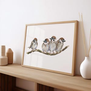 Impresión de pájaros gorriones, pintura de gorriones, acuarela animal, arte de la pared de la naturaleza del vivero, regalo de los amantes de las aves, arte de la pared de aves, ilustración de aves