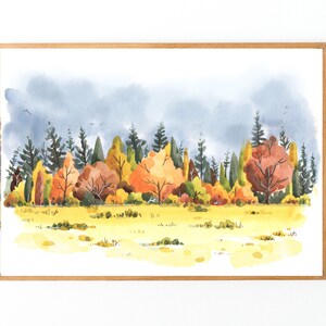 Fall Forest Wall Art, Watercolor landscape, Forest painting , Fall Decor, Rustic decor, Evergreen art, Autumn Illustration, Farm Decor image 4