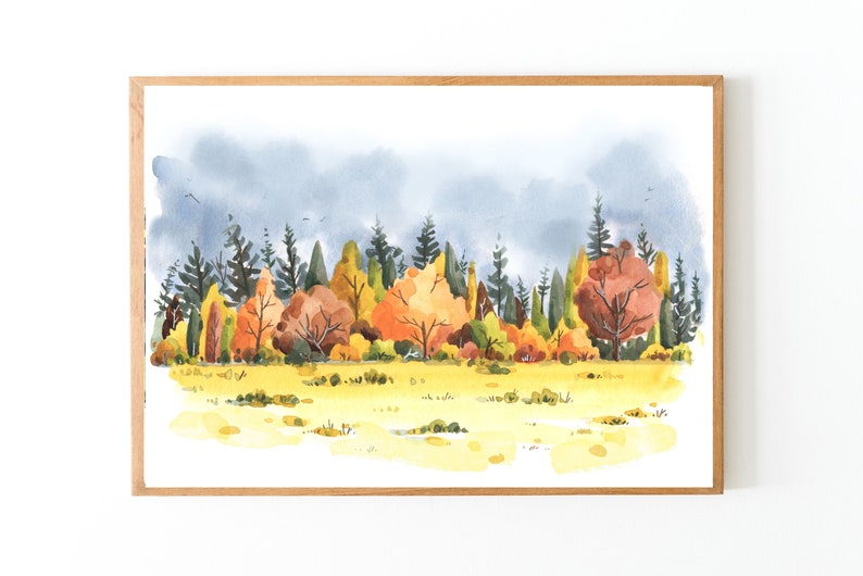 Fall Forest Wall Art, Watercolor landscape, Forest painting , Fall Decor, Rustic decor, Evergreen art, Autumn Illustration, Farm Decor image 4