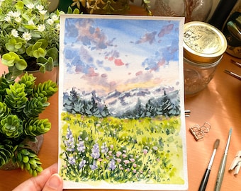 Flower Field Original Watercolor, Gouache Landscape Painting, Spring Original Wall Art, Spring Original Painting, Wildflowers Wall Art