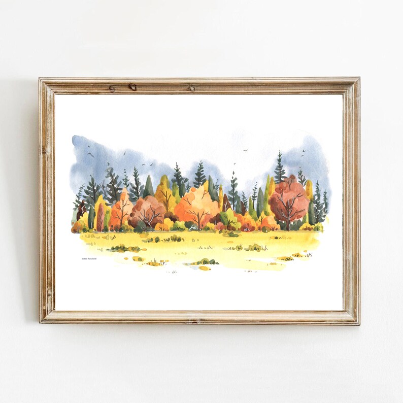 Fall Forest Wall Art, Watercolor landscape, Forest painting , Fall Decor, Rustic decor, Evergreen art, Autumn Illustration, Farm Decor image 1