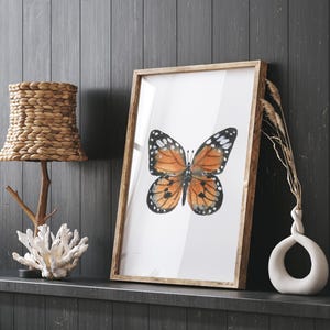 Stampa artistica di farfalla acquerello arancione, dipinto di una farfalla singola, opera d'arte minimalista per la cameretta delle bambine, decorazione da parete per la cameretta dei bambini, arte per bambini