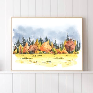 Fall Forest Wall Art, Watercolor landscape, Forest painting , Fall Decor, Rustic decor, Evergreen art, Autumn Illustration, Farm Decor image 3