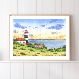 Lighthouse Watercolor Print, Nautical Gift, Lighthouse Painting, Beach House Decor, Wall Art, Lighthouse painting, Lighthouse Illustration
