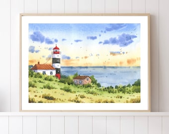 Lighthouse Watercolor Print, Nautical Gift, Lighthouse Painting, Beach House Decor, Wall Art, Lighthouse painting, Lighthouse Illustration