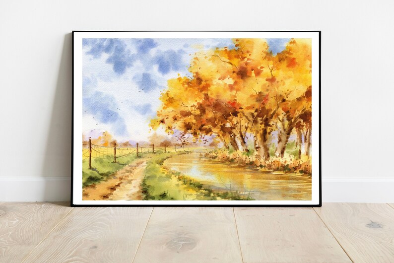 Country Autumn Watercolor Landscape Print, Fall Landscape Print, abstract Landscape painting, minimalist Wall art, Modern Rustic Home Decor image 5