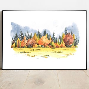 Fall Forest Wall Art, Watercolor landscape, Forest painting , Fall Decor, Rustic decor, Evergreen art, Autumn Illustration, Farm Decor image 6