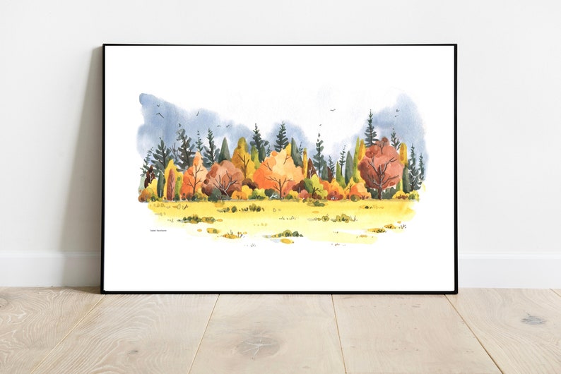 Fall Forest Wall Art, Watercolor landscape, Forest painting , Fall Decor, Rustic decor, Evergreen art, Autumn Illustration, Farm Decor image 6