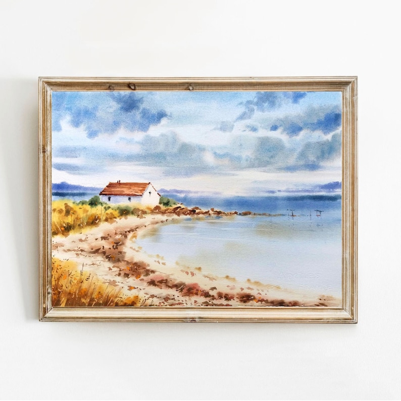 House by the sea Watercolor Minimalist landscape painting living room Wall art coastal Sea print modern Beach Decor Vintage Seascape image 1