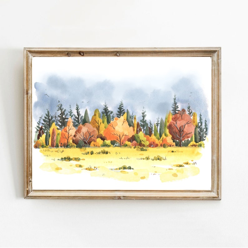 Fall Forest Wall Art, Watercolor landscape, Forest painting , Fall Decor, Rustic decor, Evergreen art, Autumn Illustration, Farm Decor image 2