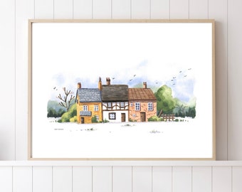 Cottagecore Print Wall Art, Cozy houses, Nursery Decor, English Cottage art Illustration, English houses Art, Cozy Art, Cottagecore decor