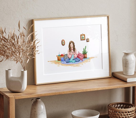 Knitter Girl Fine Art Watercolor Print, Knitting lover art, Knitting print, Gift for her, Knitting wall art, Knit  prints, Crochet lover