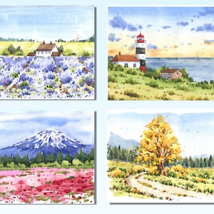 Set di 4 mini stampe paesaggi acquerellati, cartoline paesaggi acquerellati, pittura paesaggistica, cartoline illustrate, glicee paesaggistica vintage