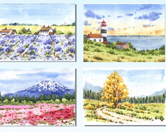 Conjunto de 4 postales de paisajes en acuarela, tarjetas de paisajes en acuarela, pintura de paisajes, tarjetas ilustradas, postales de paisajes vintage