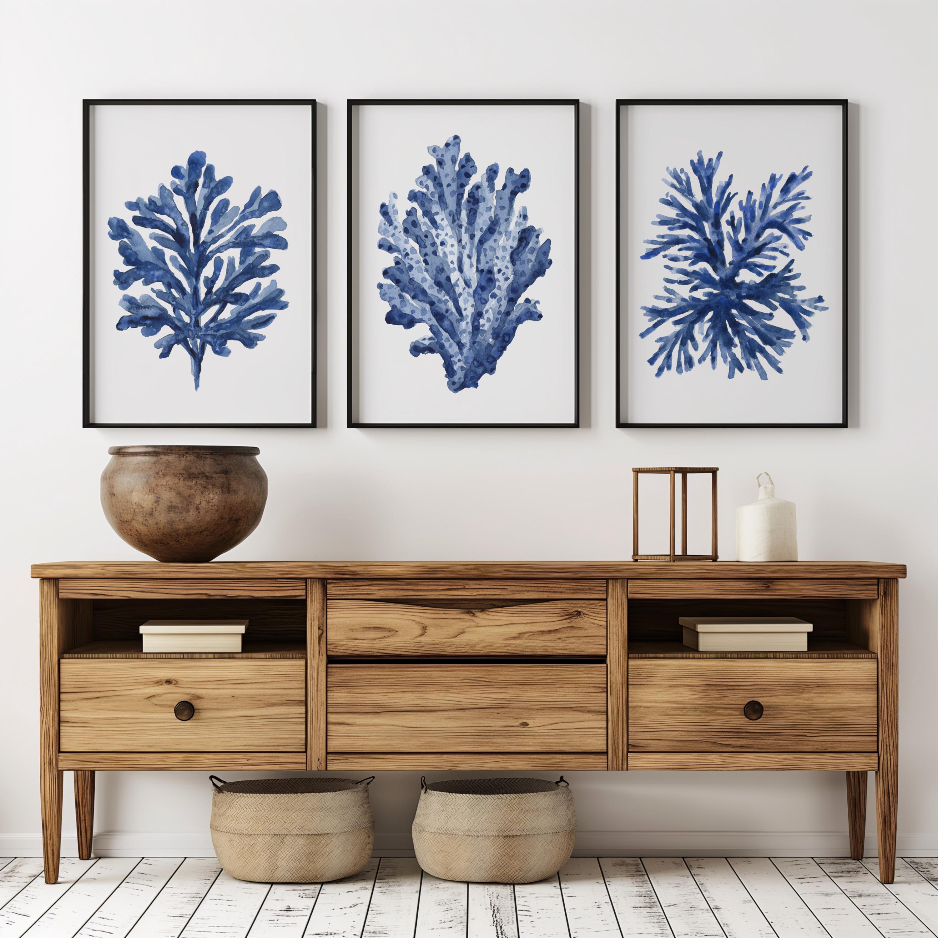 Navy Blue Coral Seaweed Wall Art Set of 3 Prints, Minimalist Watercolor ...
