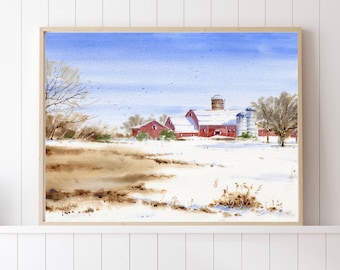 Farmhouse Winter Snow Barn Wall Art, Rustic Print, Red Barn, Country Landscape, Watercolor, Christmas, Farm Decor Painting Art Print