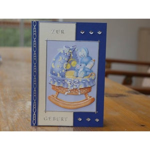 Grußkarte zur Geburt, mit Kinderwagen, blau
